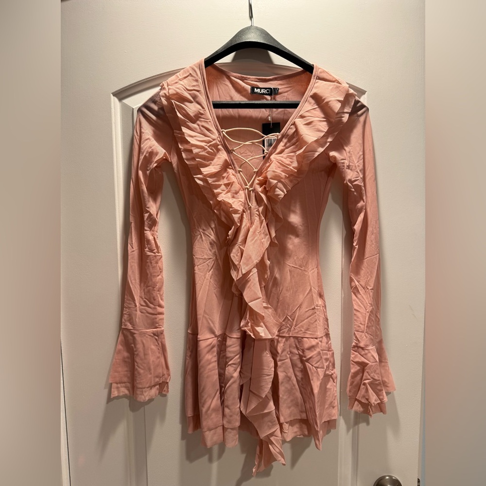 Peach Long Sleeve Ruffle Dress